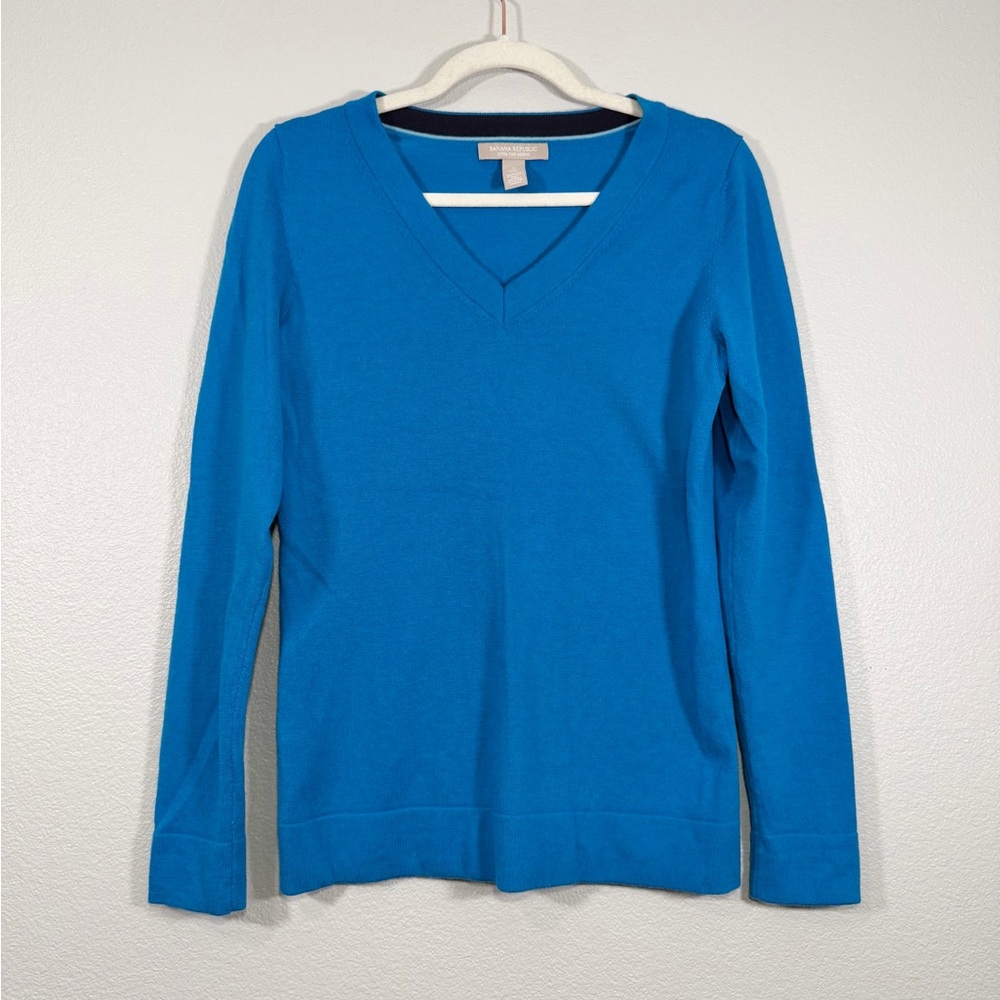 Banana Republic Sweater Pullover V-Neck Top Turquoise Blue Soft Wool Women Med